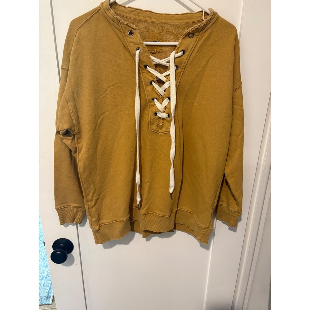 Aerie Mustard Yellow Lace Up Sweatshirt XS Distressed Neckline Pullover